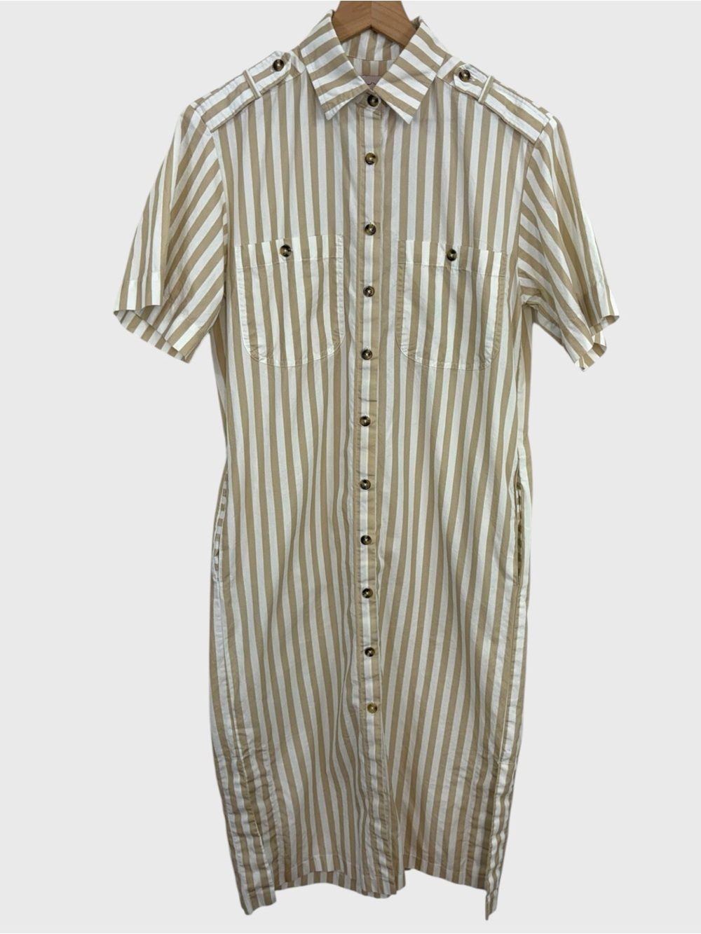 Lady Captain Tan White Stripe Cotton Shirt Dress Size Small